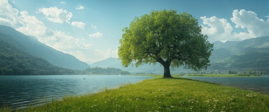 Beautiful summer scene featuring water, sky, trees, grass, and forest in a natural landscape