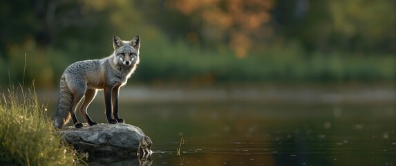Fototapeta premium Gray fox in formal setting as focal point, standing on a rock at the pond's edge during dawn