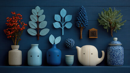 Blue Still Life Vases Plants and Decorative Objects on Shelf.