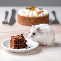 A fluffy, white rodent gazes at a piece of dessert on a small white plate, with a large frosted cake in the background. Silverware frames the scene