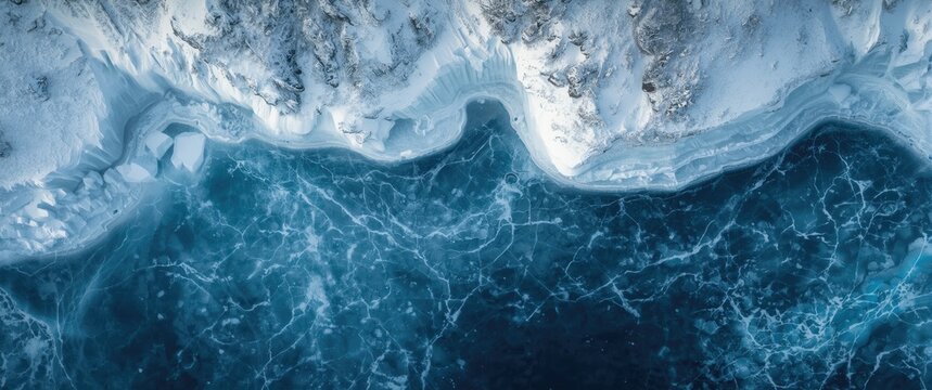 Aerial perspective of frozen lake amid snow winter landscape abstract background