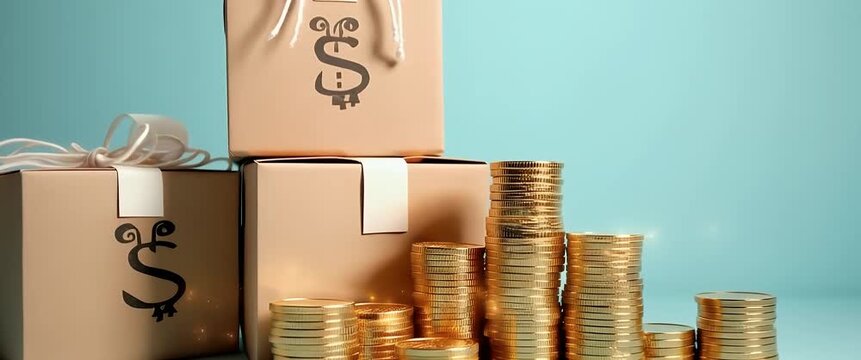 Gold coins gently shimmer beside elegantly wrapped gift boxes, as the camera slowly pans in a serene, minimalist setting, perfect for financial success and wealth growth themes.