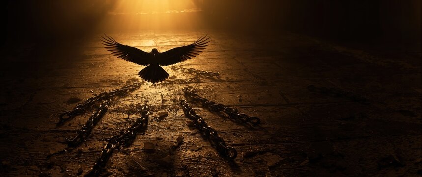 Silhouette of a bird in flight representing freedom with broken chains behind