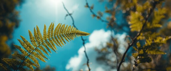 Fern leaf dari Tumbuhan paku pakis dengan latar belakang langit biru dan alam sekitar