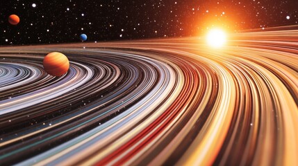 Obraz premium Cosmic Landscape with Colorful Planets, Rings, and Radiant Sun in Vast Universe Filled with Stars and Galactic Elements