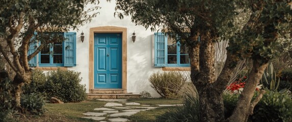 Picturesque traditional home facade showcasing a vibrant blue door and window on a white wall