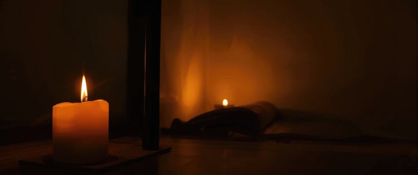 In a dimly lit space, a warm candle flame flickers softly, illuminating the area with a tranquil atmosphere during the night