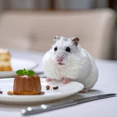 A fluffy, white rodent sits beside a small chocolate dessert with mint garnish on a white plate, with a background blur