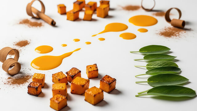 Turmeric powder and fresh roots with golden spice splashes on white background, surprise expression and revulsion concept