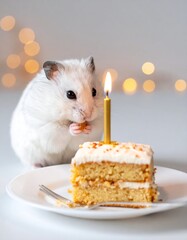 A fluffy, white rodent sits attentively before a small cake slice with a lit candle, enjoying a treat. Bokeh lights twinkle in the blurry background