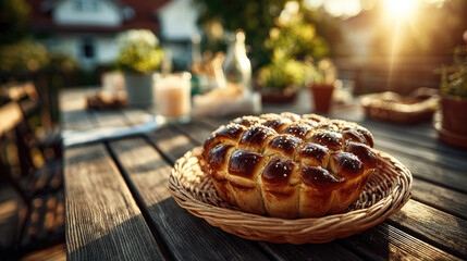 Braided Bread on Wooden Table in Sunlight.