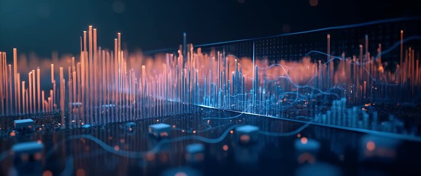 Dynamic data visualization with glowing charts in a futuristic digital landscape, featuring gentle ambient flickers as the camera slowly pans across the scene; cinematic and immersive.