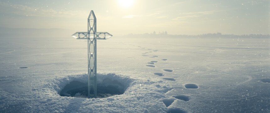 Ice cross positioned near a pond hole at Tolga Monastery during Epiphany celebration