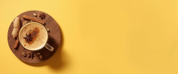 Traditional Indian masala chai latte in a glass cup featuring milk, spices, and herbs, placed on a wooden board on a yellow background with strong shadow, top view and blank space for text
