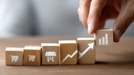 A hand shifts three wooden blocks showing business icons on a light blue surface, useful for online content with blank space.