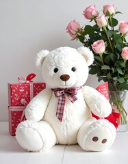 A fluffy, white teddy bear sits beside wrapped gifts and a bouquet of pink roses. White surface and background