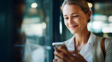 Defocused woman using mobile device with positive expression communication technology digital connectivity modern lifestyle wireless interaction personal device usage with