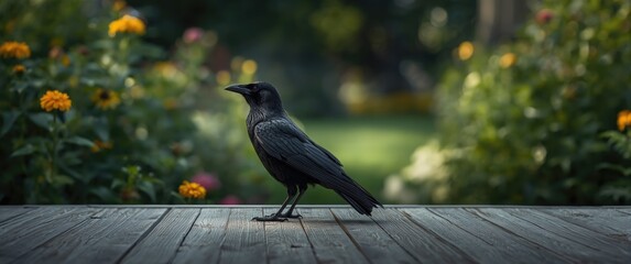 Fototapeta premium Black bird sitting on the backyard deck