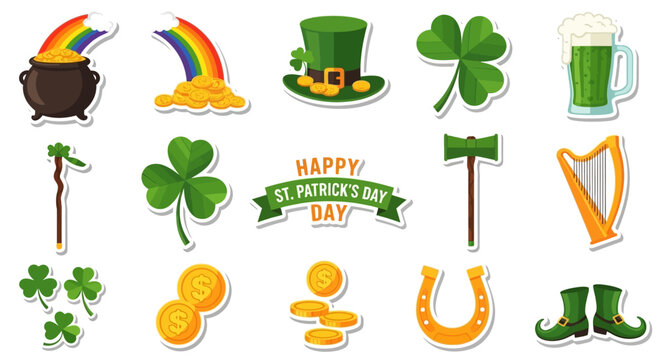 Vibrant collection of St. Patrick's Day vector stickers featuring iconic Irish symbols like shamrocks, leprechaun hats, pots of gold, and festive elements for holiday celebrations and graphic designs