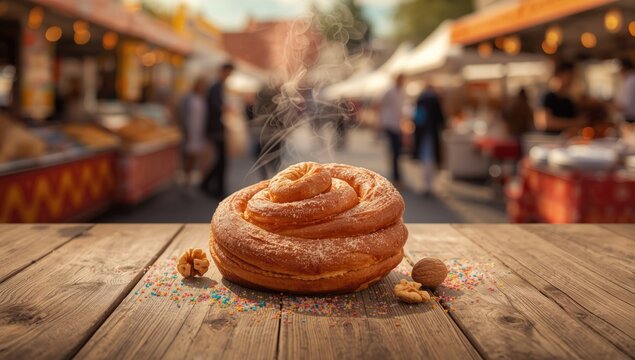 Trdelnik, authentic European sweet rolled pastry cooked on a street food stall at a bustling outdoor festival, street food safety focus