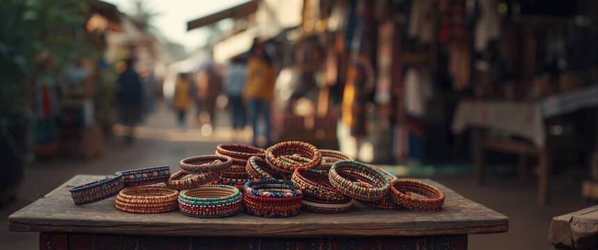 South African street market selling handcrafted African fashion accessories such as vibrant bead bracelets and bangles, displaying traditional craftsmanship
