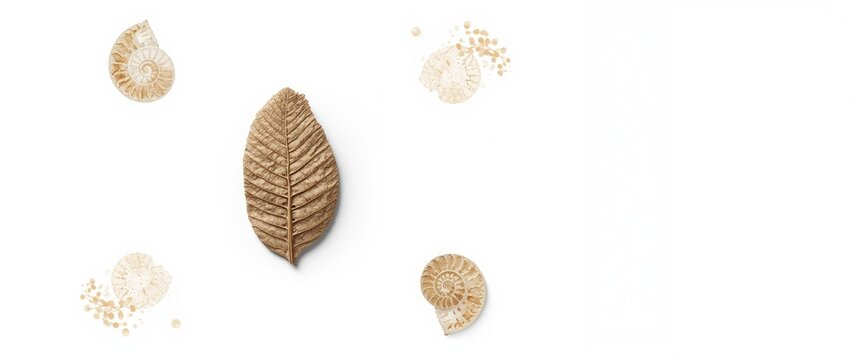 Ancient Plant Leaf fossil within stone, isolated petrified shell on a white surface