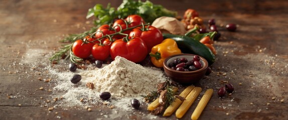 Assorted cooking ingredients for pizza and pasta on a wooden kitchen table