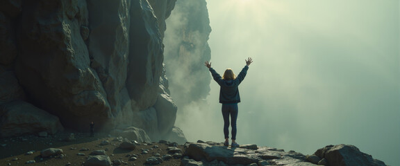 Woman celebrating with arms raised on mountain cliff in misty landscape  