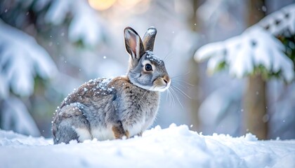 A fluffy, wild rabbit sits among snow-covered ground and trees, its gray fur blending with the wintry surroundings and a soft, blurred background