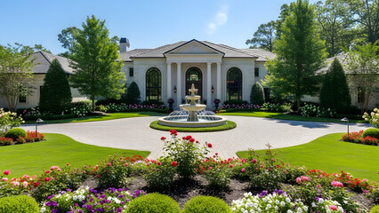Fototapeta premium Grand Classical Mansion Entrance with a Majestic Fountain and Circular Driveway, Surrounded by Manicured Gardens.