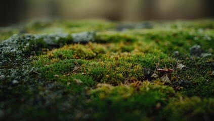 Detail of a mossy surface with coarse texture and vibrant green patches, highlighting ecological ground cover