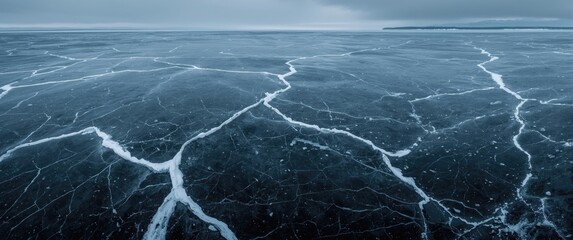 Baikal Ice Showing Black Ice and White Cracks in a Horizontal Pattern