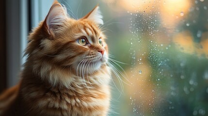 Majestic Ginger Cat Gazing Through Rain-Drenched Window at Beautiful Sunset with Soft Focus Background and Warm Natural Light in Cozy Indoor Setting