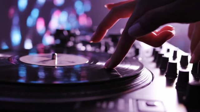 Spinning Vinyl - DJs Touch on Turntable Creates Vibrant Soundscape.
