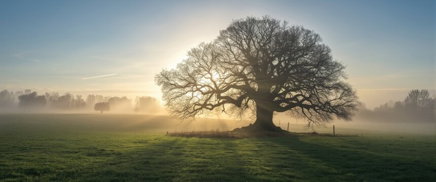 Rogalin Park: Old trees at dawn with scenic landscape