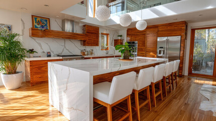 Bright and Modern Kitchen with Large Island and Wood Accents.