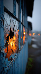 Broken Window Pane with Light Shining Through in Abandoned Building.