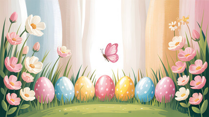 Easter eggs and flowers in a pastel garden with a butterfly