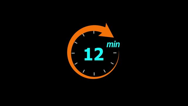 12 Min arrow clock icon animation. 12 minute animation on black background and creating a stunning 4k video.