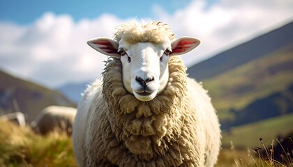 A fluffy, white-faced animal with curly wool stares directly at the viewer, set against a blurred mountainous backdrop