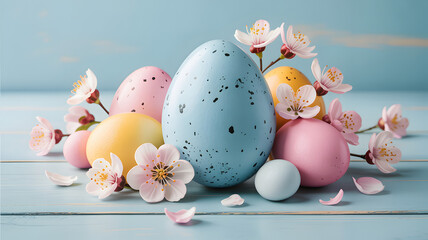 Easter eggs and flowers on a light blue background
