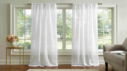 Bright Living Room with Sheer White Curtains and Natural Light.