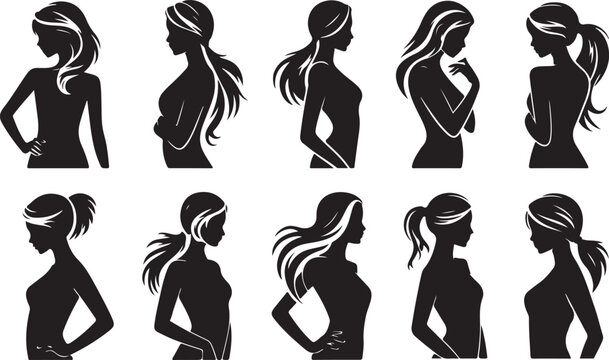 Ten Stylized Female Silhouettes with Flowing Hair and Elegant Poses woman girl