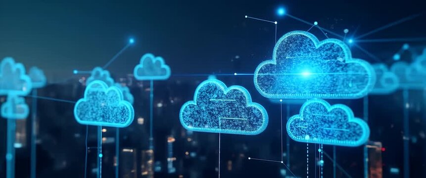 Futuristic digital cloud icons float over a cityscape, gently pulsating with light as the camera slowly pans across the cybernetic skyline, in a cinematic, technology-themed ambiance.