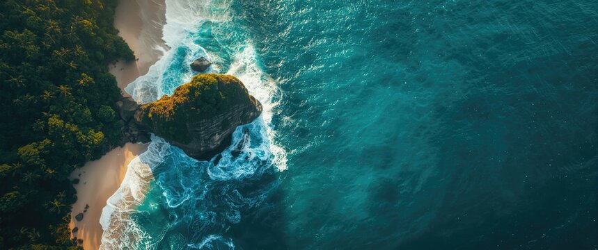 Bird's eye view of ocean waves hitting rocks on the beach with vibrant turquoise sea water. Beautiful rock cliff scenery