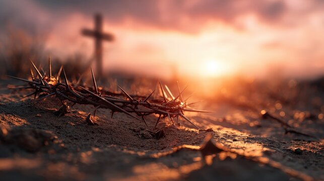A symbolic representation of sacrifice, featuring a crown of thorns and a cross silhouette against a dramatic sunset, evoking themes of faith. Created with Generative AI, not depicting real subjects.