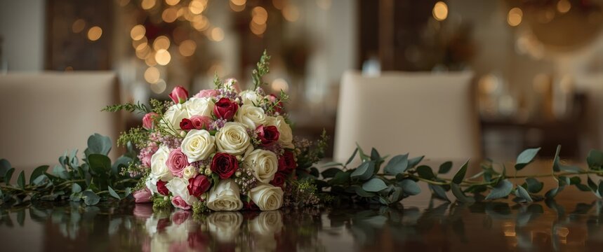 Beautiful flowers and stunning bouquets displayed on the leg within a restaurant setting, suitable for wedding salons or floristry stores for bride and groom