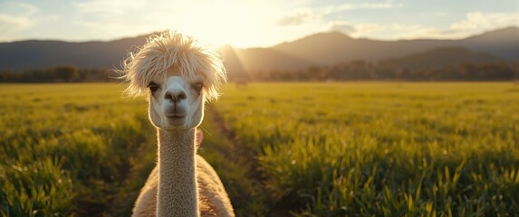 Obraz premium Alpaca with a funny haircut staring straight into the lens