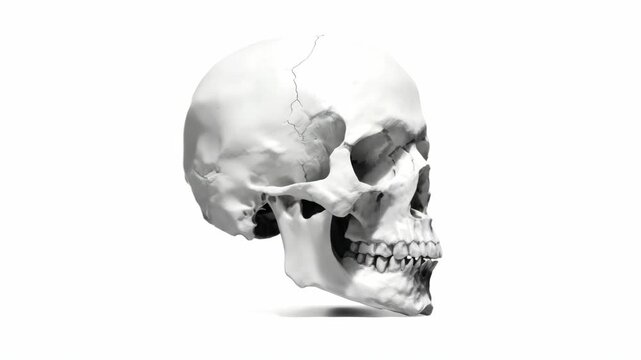 Realistic human skull shown from the side with detailed cracks, smooth surface style, placed on a white background, concept of anatomy and mortality
