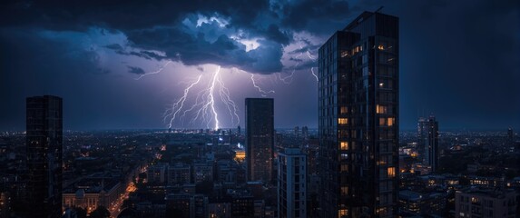Amsterdam skyline at night from a 10th-floor flat showcasing intense lightning flashes in a thunderstorm